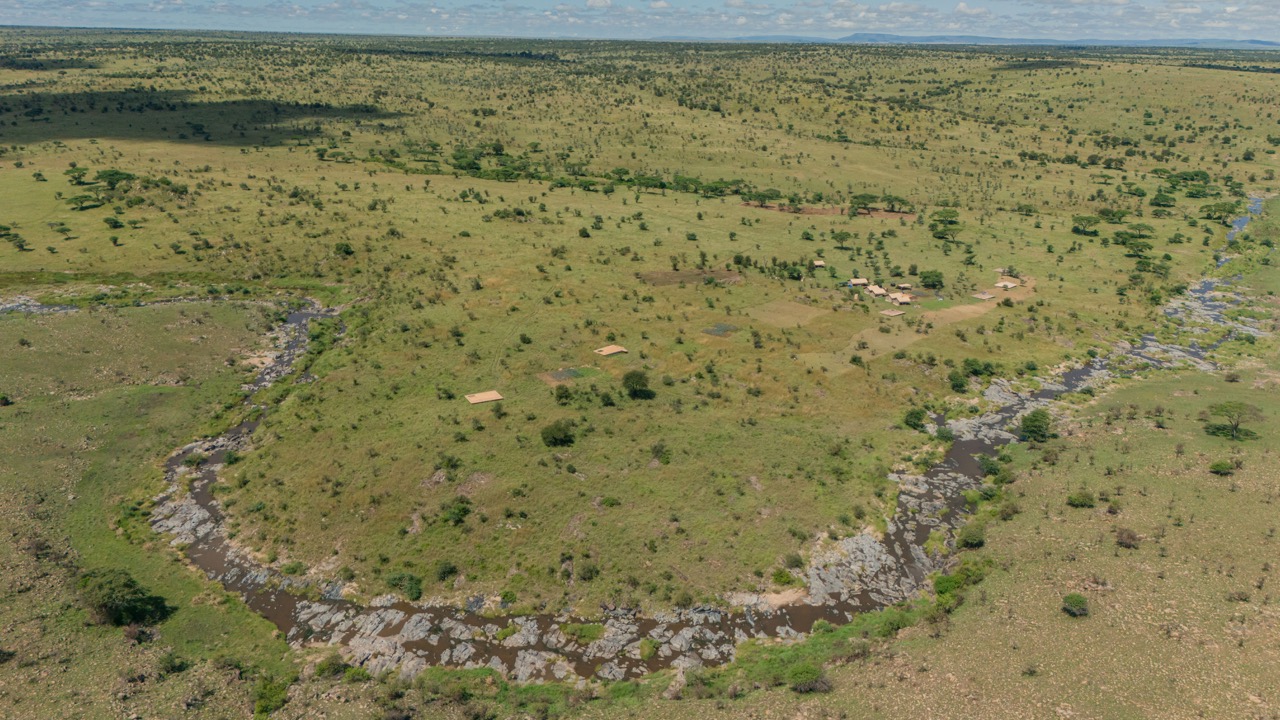Aerial view of Jackals' Lair Camp in central Serengeti
