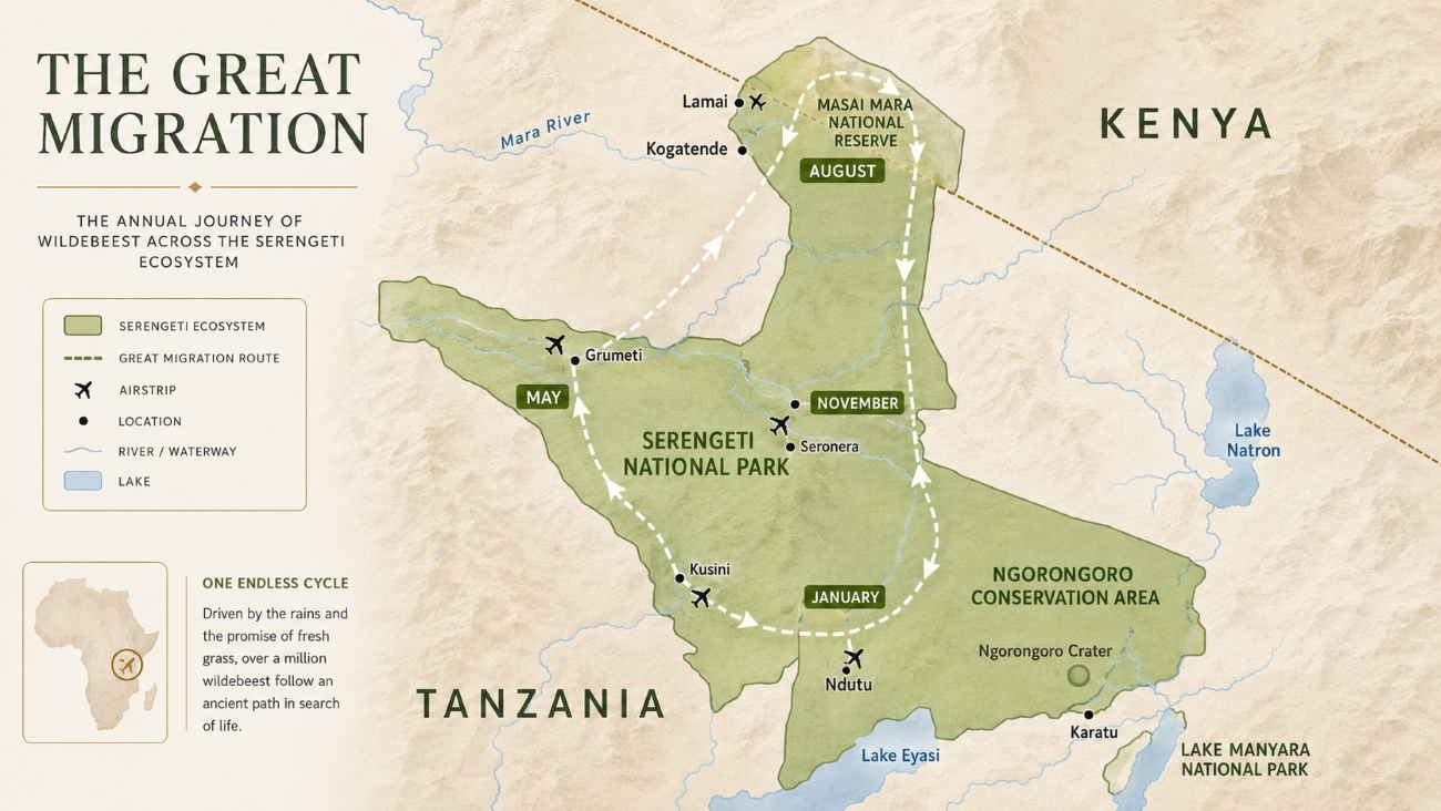 Serengeti landscape relevant to the seasonal Great Migration route