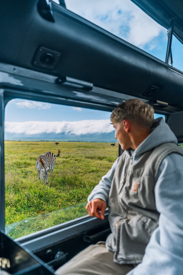 Guest watching wildlife from a private safari vehicle